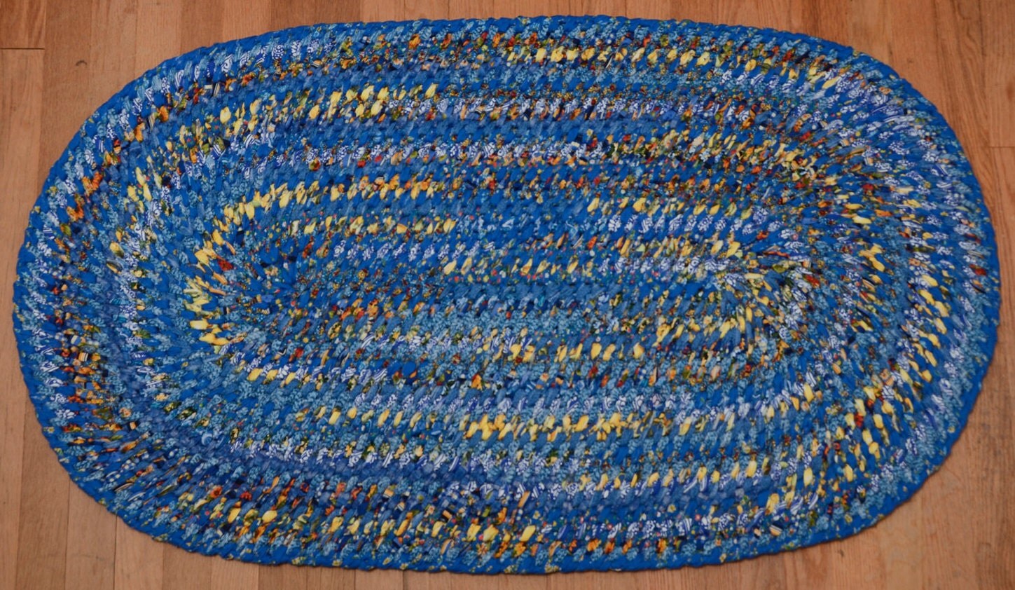 Hand Braided Rag Rug Blue and Yellow by StudioatRedTopRanch