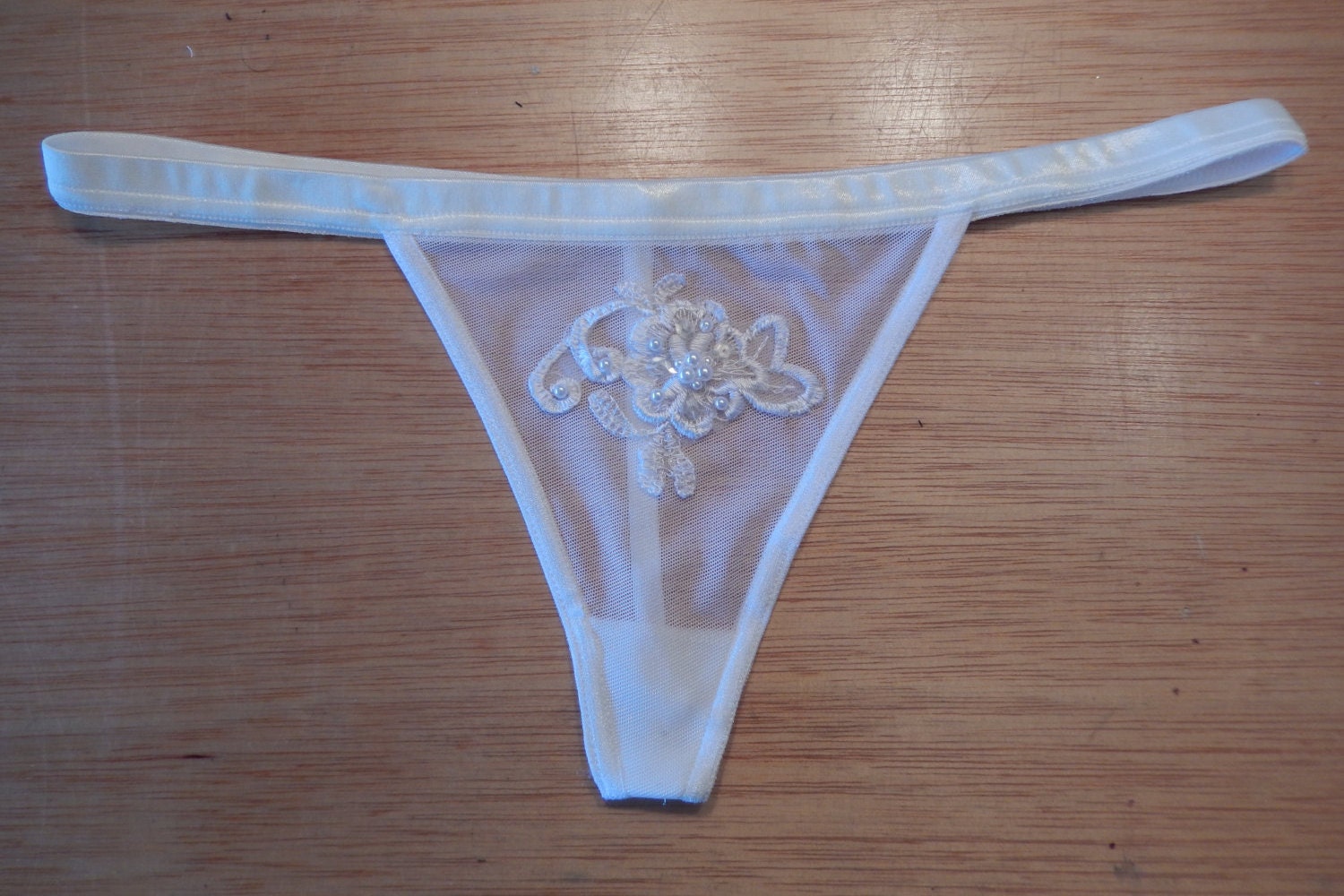 Bridal Thong with Hand Beaded Lace White Wedding Underwear