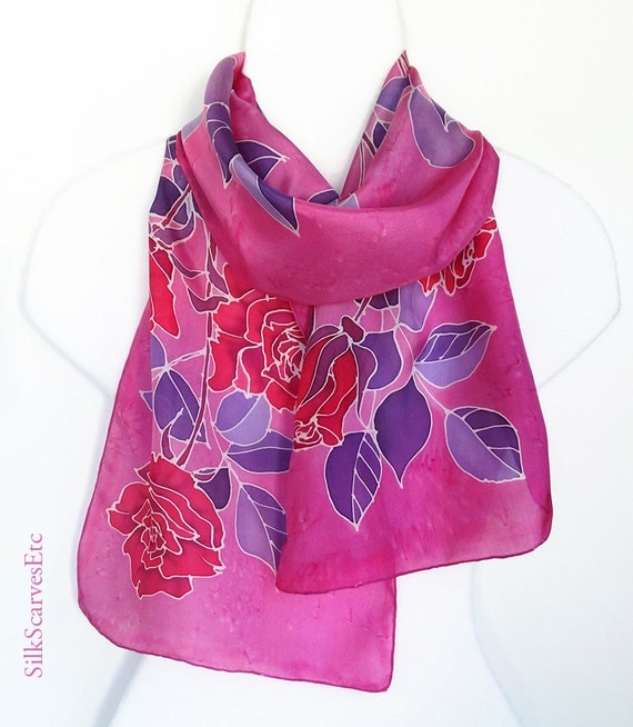 Hand painted silk scarf Red roses pink scarf Floral silk