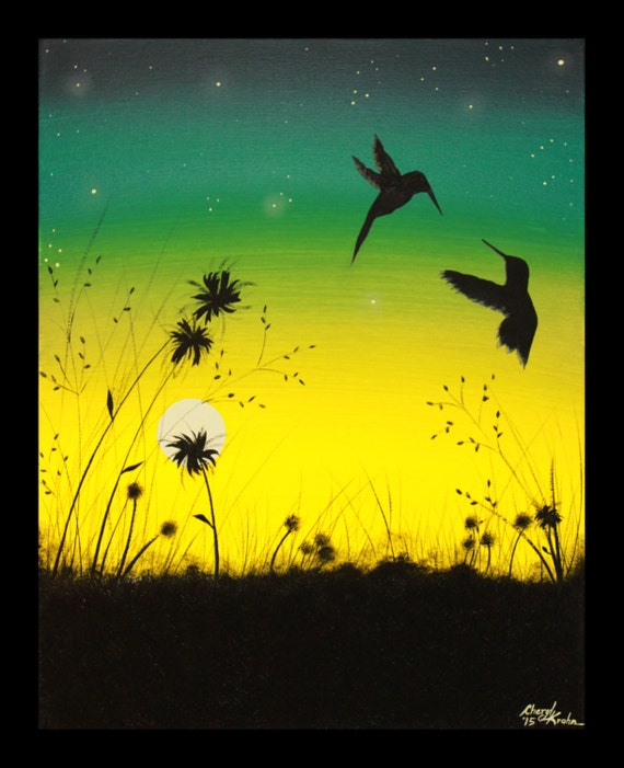 Items similar to Original Abstract Acrylic Painting Canvas Hummingbirds Silhouette Sunset Stars ...