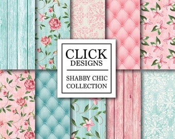 Shabby Chic Wood Digital Paper: "SHABBY PINK TURQUOISE" Floral wood background, romantic papers, upholstery for wedding invites, carts