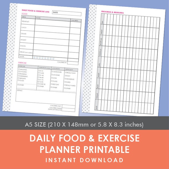 Daily Food &amp; Exercise Planner Printable A5