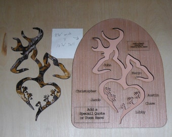 Cake Topper and Wall Plaque #1 Personalized Family Gift Camo Covered Browning Deer up to 5 Babies Engraved with names & Bible Verse or Quote
