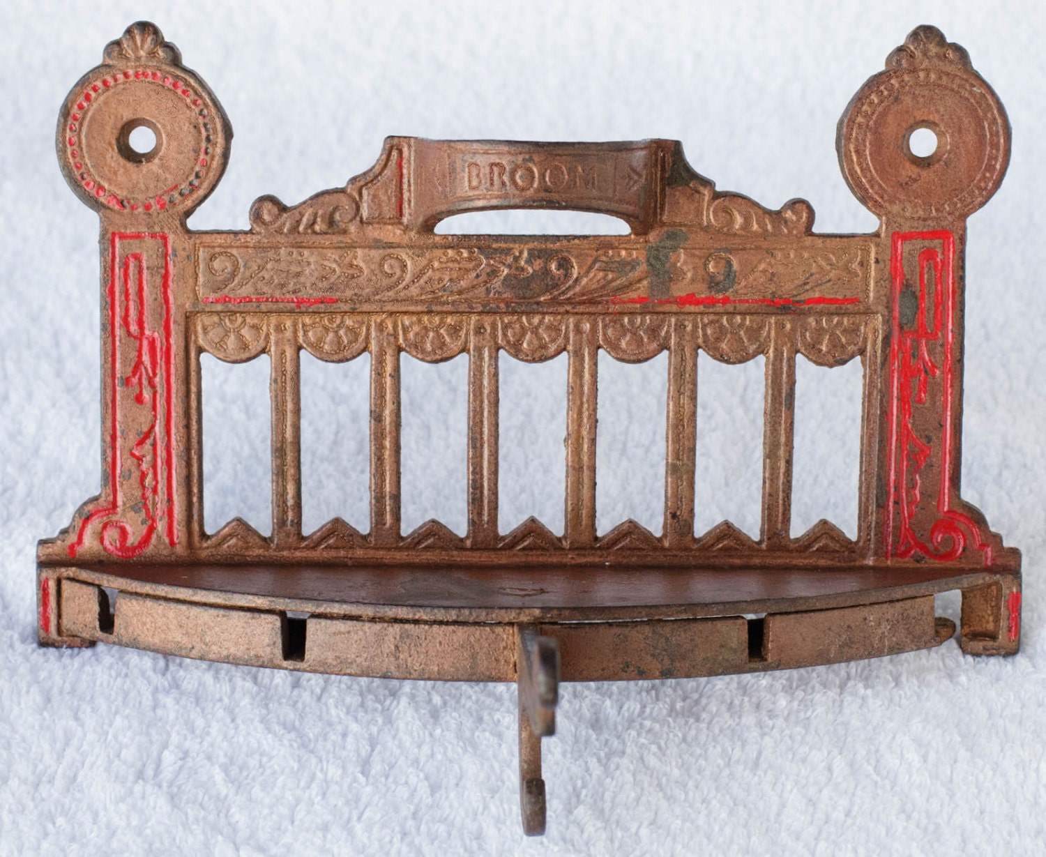 Old Decorative Iron Broom Holder and Coat Hook Rustic