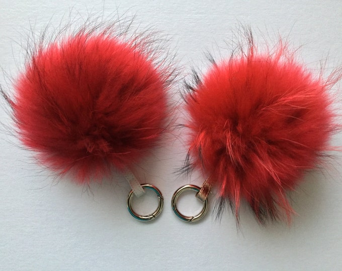 RED Raccoon Fur Pom Pom luxury bag pendant + leather strap metal buckle key ring chain bag charm RED