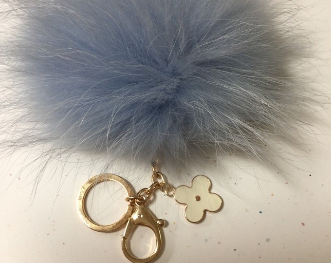 Baby blue Raccoon Fur Pom Pom luxury bag pendant + flower keychain ring chain bag charm