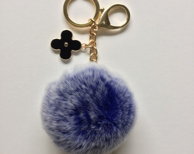 Royal Blue fur pom pom keychain frosted REX Rabbit fur pom pom ball with flower bag charm