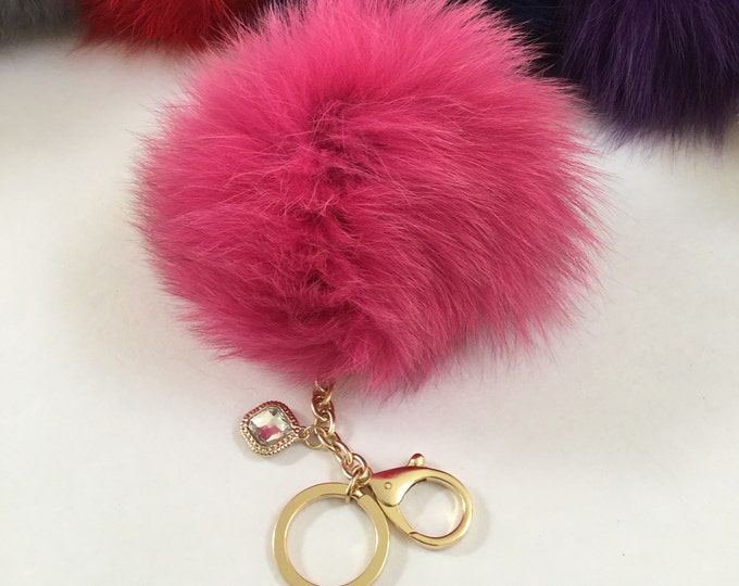 Dusty Pink Fox Fur Pom Pom keychain ball luxury bag pendant with clear crystal charm