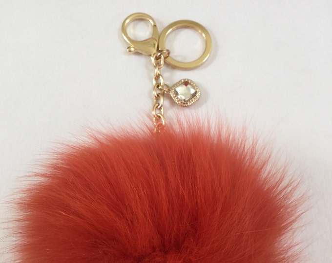 Rusty Orange Fur Pom Pom keychain ball luxury bag pendant with clear crystal charm
