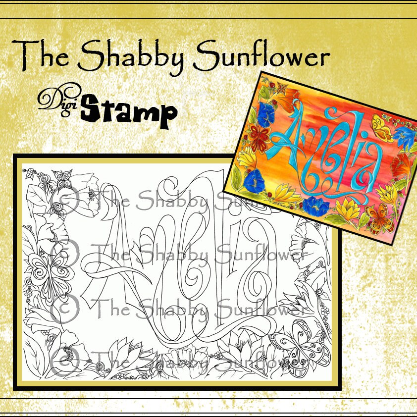 Amelia-girl's name coloring page in flower by TheShabbySunflower