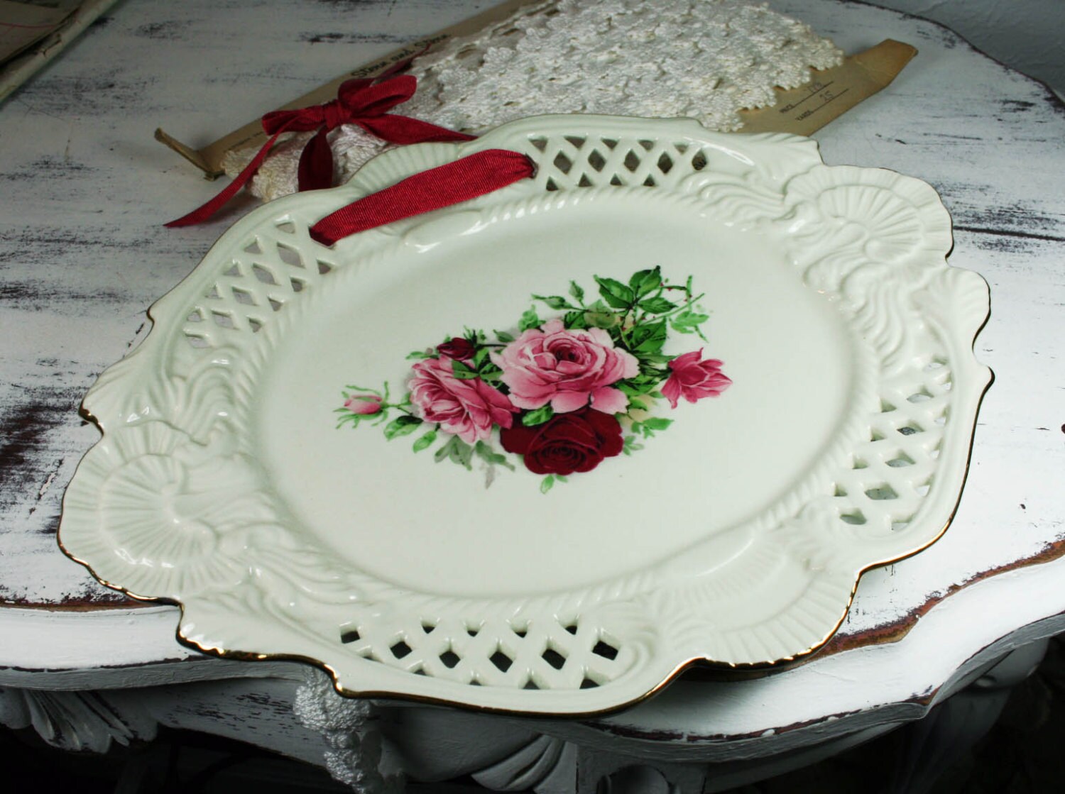 Decorative or Serving Plate Porcelain Roses Lattice Cutwork