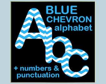 Blue chevron digital alphabet clipart, printable chevron font, large and small letters, numbers and punctuation marks; for commercial use