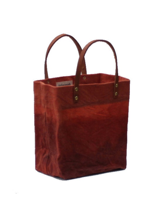 Small Waxed Cotton Canvas Tote Bag - Brick Color - Leather Handles