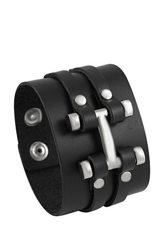 Handmade thick black leather bracelet with 2 studded strips