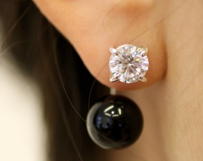 Black agate earrings Cubic zirconia earring Black stone Gold earring Silver earring Gift for her
