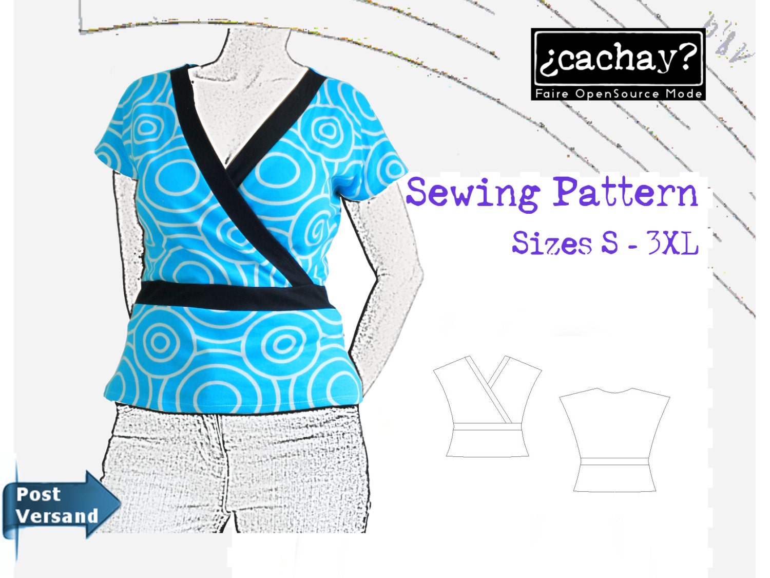 Sewing Pattern For A Kimono Shirt Sizes XS3XL Paper by Cachay
