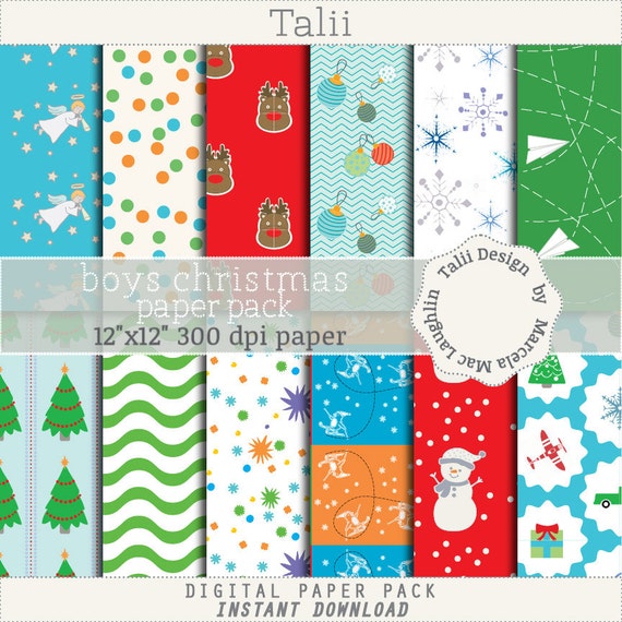 SALE Boys Christmas DIGITAL PAPER Kids Wrapping Paper Boys