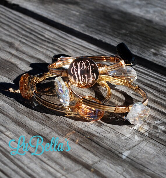 Items similar to Monogrammed Wire Wrap Bracelet Set with Amber Crystals
