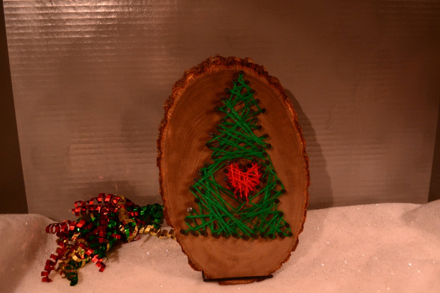 SALE -Yarn Christmas Tree with heart in center. Yarn is wound over nails in the shape of a tree.