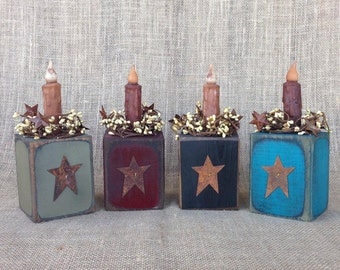 Wood Candle Block Holder with Rusty Tin Star and pip berries