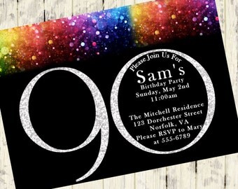 90th Birthday Invitation, Gold Glitter Birthday Party Invite, Women's 90th Surprise Birthday, Elegant, Printable Digital DIY