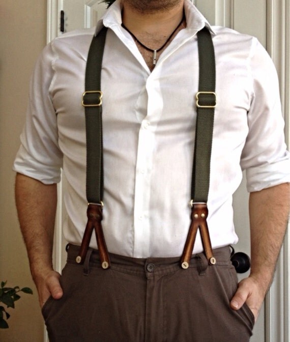 Green suspenders handmade suspenders leather suspenders