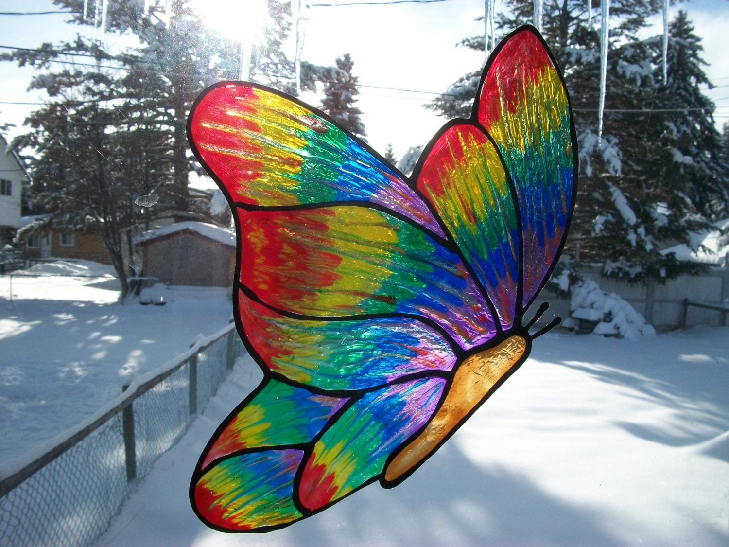 Rainbow Butterfly Window Cling Suncatcher Stained Glass