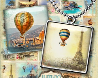 Digital printable ROMANTIC SKY 1.5 inch square sheet digital images - hot air balloon paper goods pendant craft - instant download - qu429