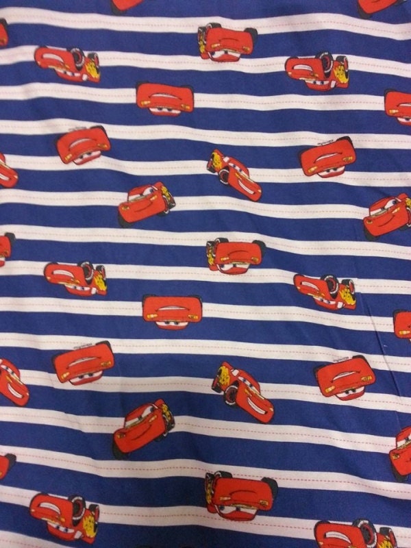 Tossed Cars on Blue & White Striped Cotton Interlock by BWDFabrics