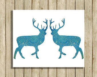 printable Christmas wall art blue reindeer instant download 8 x 10 modern contemporary art print home decor