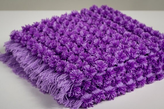 pom pom loom Baby Blanket, Knit Purple Baby Shower Gift, Unique Pom Throw, Pom