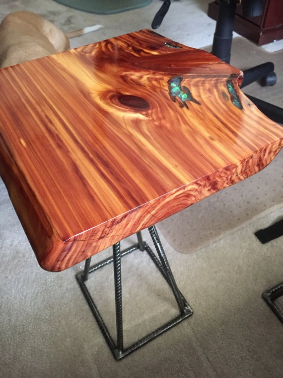 Cedar Wood Live Edge End Table with Epoxy Inlay Reclaimed