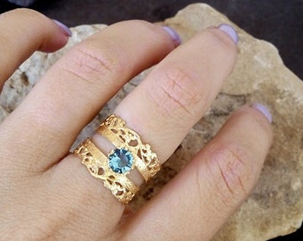 SALE! Blue Topaz Ring -Gold Ring - Lace Ring - Filigree Ring -Gemstone Ring - Gold Wide Ring - Cocktail Ring - Delicate Ring