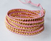 Five Leather Wrap Bracelet - Pink Leather and Gold Nugget Bead Bracelet - Layering Jewelry - Bohemian Jewelry - Boho Chic