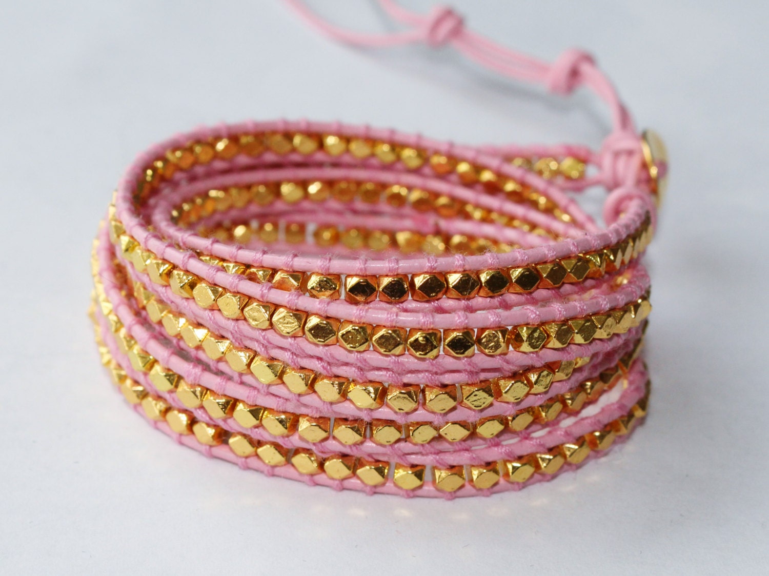 Five Leather Wrap Bracelet Pink Leather and Gold Nugget Bead Five