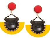Red Button Earrings with a Black Brass Chain, Semi-Circle Yellow Perspex and a Metal Vintage Piece Decorated with Blue Chain Pendant!