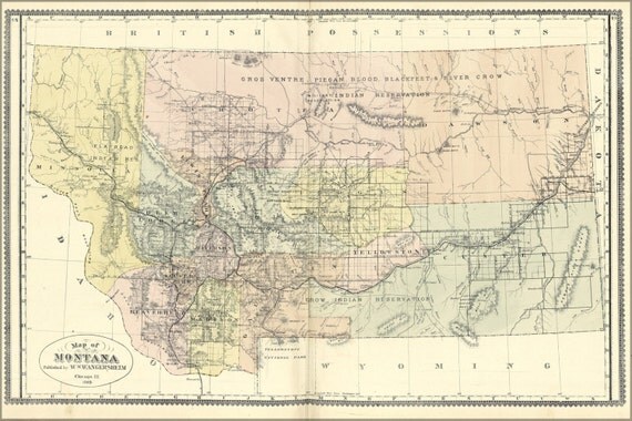 24x36 Poster Map Of Montana 1889