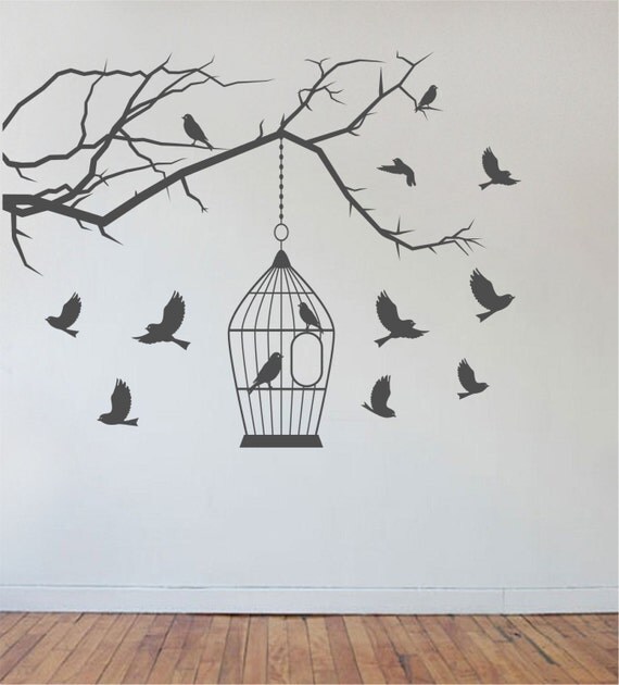 Items similar to Birds flying around bird cage Vinyl Wall Decal Sticker ...