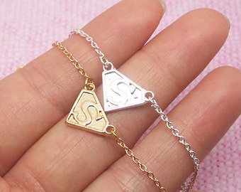 Dainty Superman Logo S Bracelet in Gold/Silver, Everyday Bracelet, Bridesmaid Bracelet, Graduation Bracelet, Anniversary Bracelet BB552