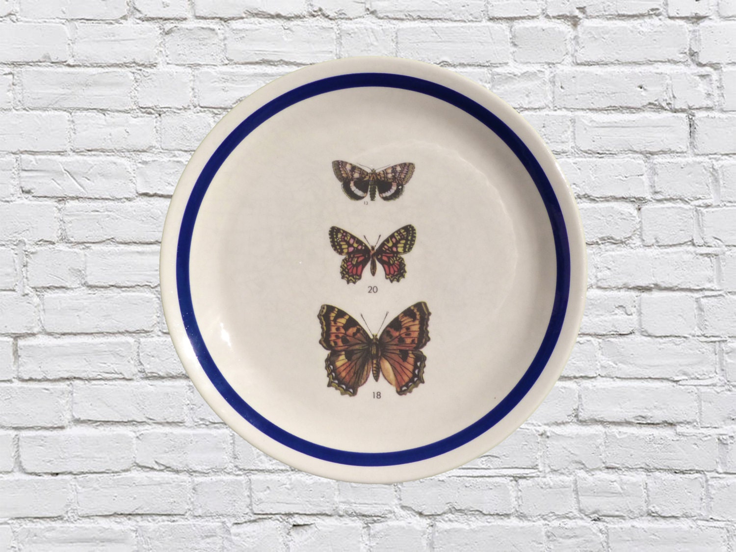 Ceramic Vintage Large BUTTERFLY PLATE with blue border Porcelain recycled butterflies plate