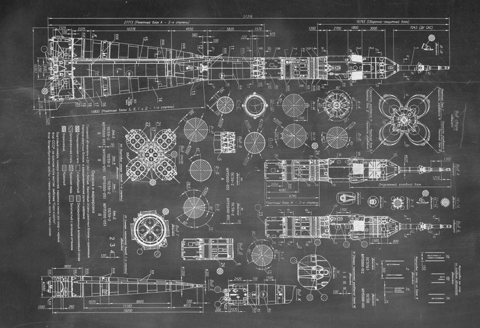 Soyuz Rocket Russian Blueprint Art of The Russian by BigBlueCanoe