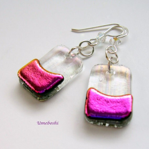 Fuchsia Sugar Plum Earrings - Dichroic Handmade Glass Jewelry with Swarovski Crystal