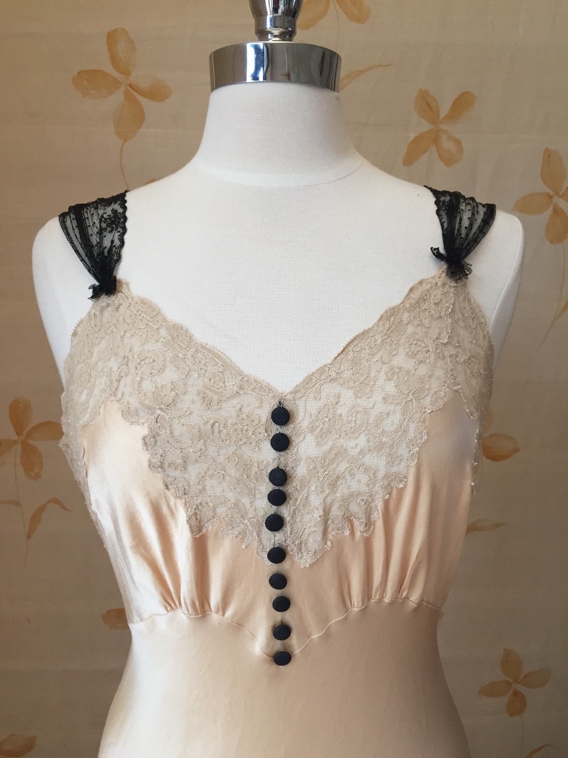 1920s Gatsby era vintage silk slip gown with chantilly and