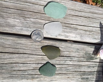 Genuine Beach Sea Glass Large & Thick Surf Tumbled Dark Green, Aqua, White and Sea Green Lot of 4