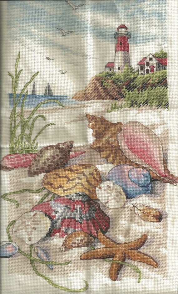 Completed Beach Scene Cross Stitch Unmounted