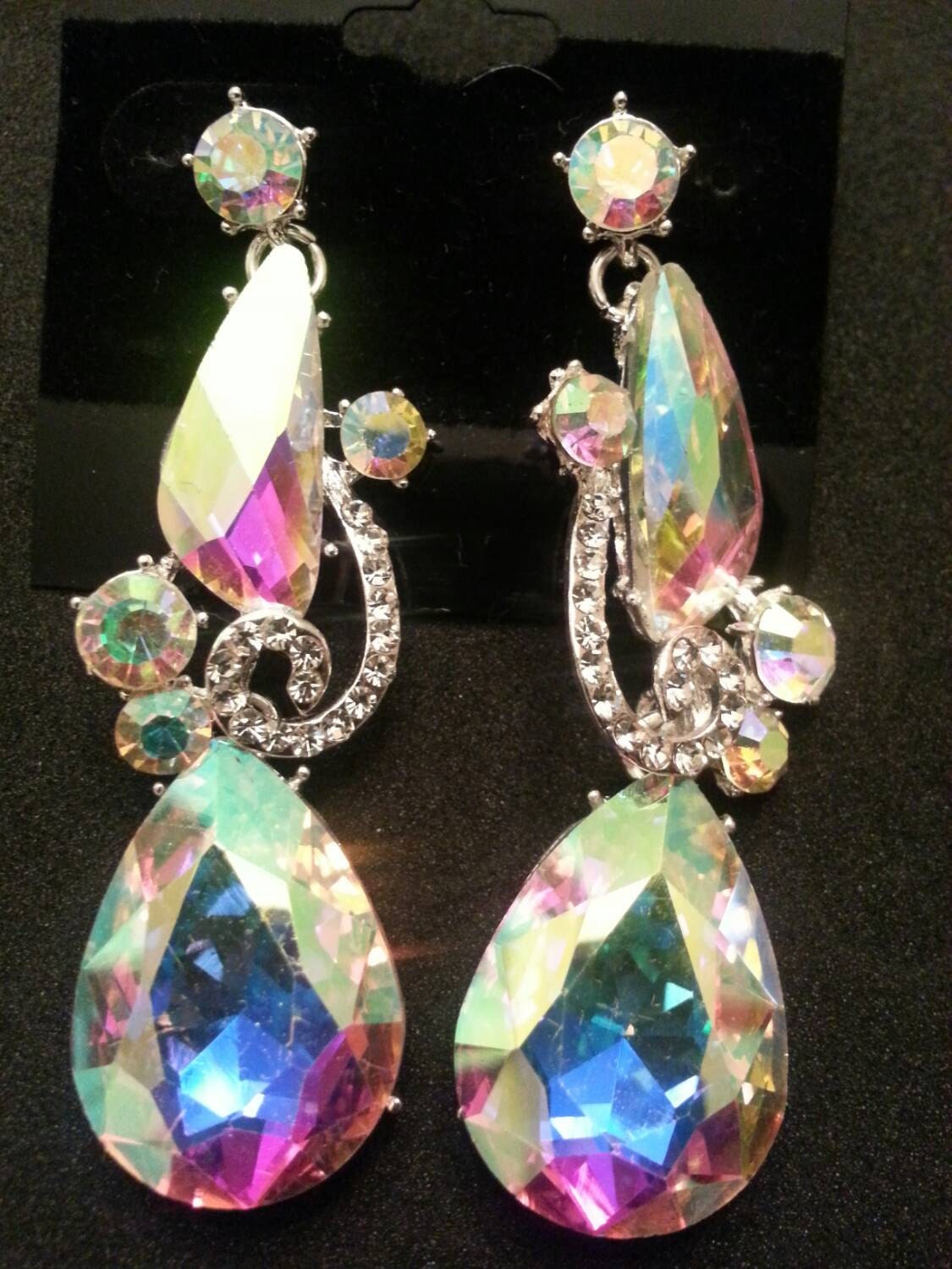 Fabulous Aurora Borealis Rhinestone Dangle Statement Earrings