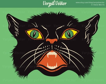 Halloween Clip Art, Black Cat Illustration, Scary Cat Head Clipart, Bad Luck - Instant Download