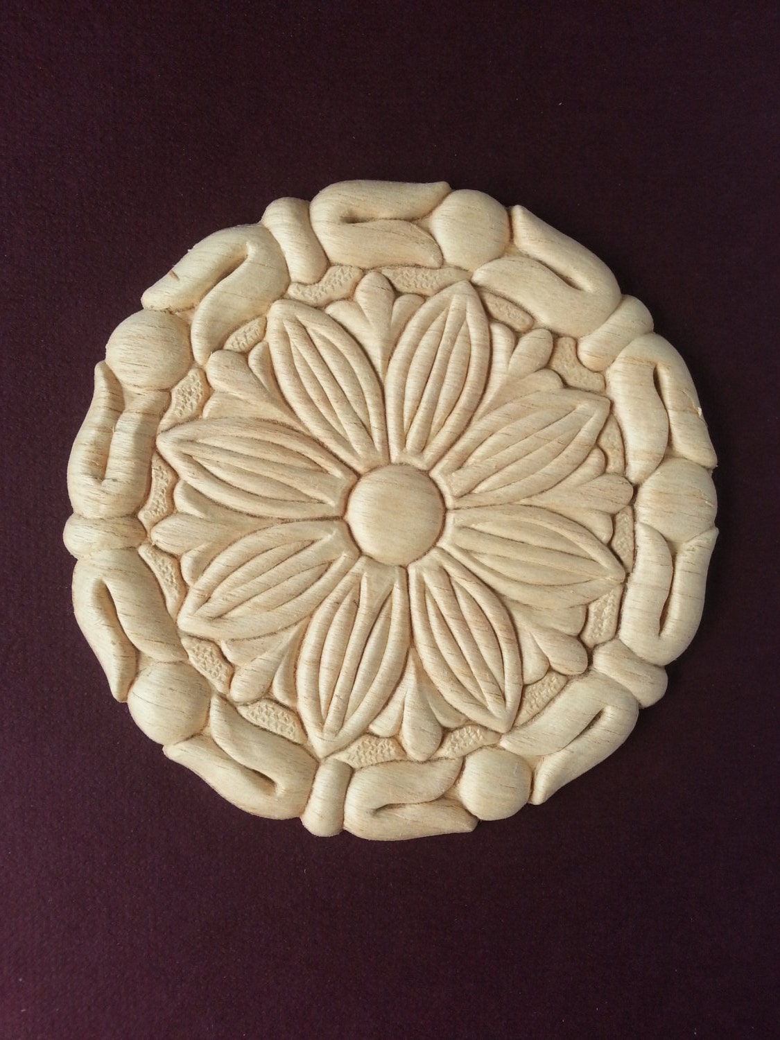 Set of 2 Round Wood Applique Medallion/Flower Embossed