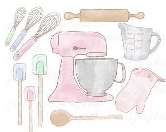 Baking Tools Clipart Set (Watercolor, pastel, vintage) PNG 300DPI