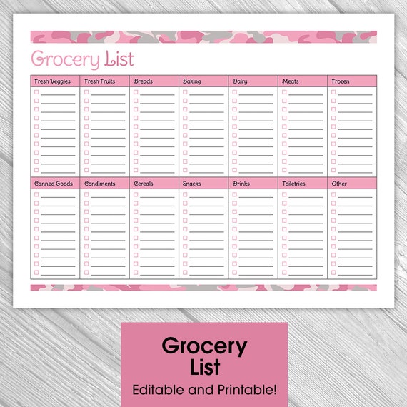 printable editable grocery list pink camouflage by idratherdoodle